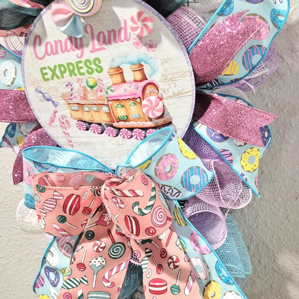 Candy Land Express Holiday Wreath - Pink, Blue, and White